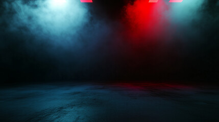 stock photo features a dark, empty room with a concrete floor, illuminated by a neon red light and filled with smoke, creating a mysterious and atmospheric setting