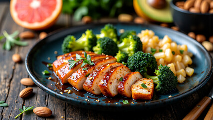 Essential for a low-carb diet: A nutritious meal of chicken breast, broccoli, almonds, grapefruit, avocados for optimal health and weight management.