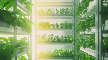 Obraz premium Futuristic Indoor Urban Farming: Precision Agriculture with Rows of Lush Herbs and Veggies under LED Light in Contemporary Setting