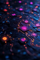 Fototapeta premium 3D render of digital technology interface with floating neon symbols and lines 