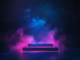 Abstract floating podium with glowing shapes and a dark background 