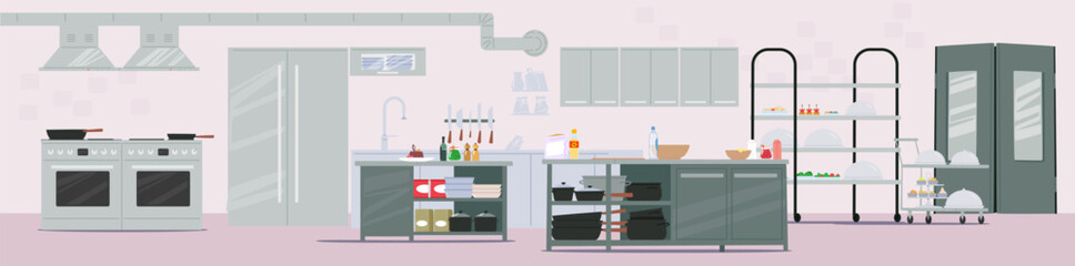 Empty well-equipped restaurant kitchen design interior with oven, refrigerator and cookware