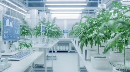 Fototapeta premium Futuristic Indoor Farming Laboratory with Precision Sensors and Monitors for Optimal Growth Conditions Cinematic Image