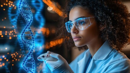 Scientist studying DNA with a lab mouse.