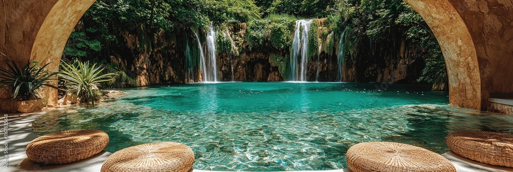 Poster serene pool scene with waterfall view from archway.