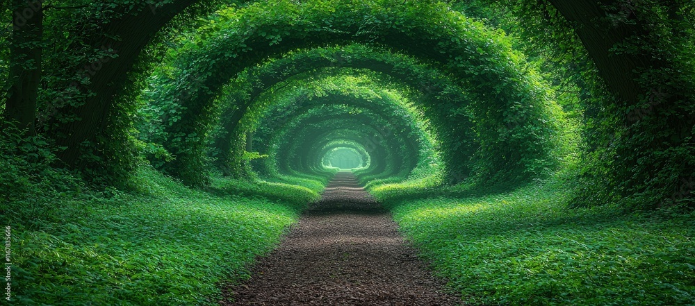 Poster serene path through lush green arched trees creating a tunnel effect.