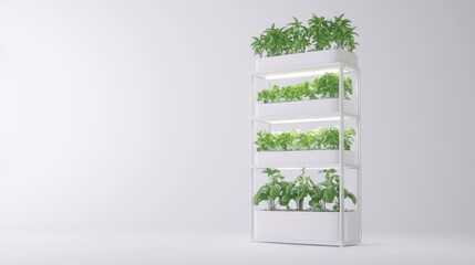 Serene Vertical Hydroponic System in Simple Beauty Cinematic Display Against White Background