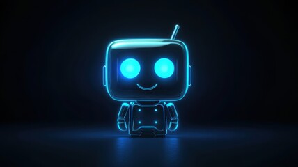 Artificial Intelligence Chatbot Concept. Cute robot character with glowing blue eyes on a dark background.
