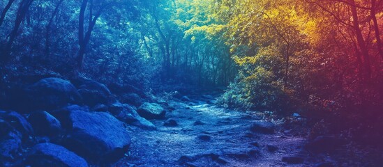 Obraz premium Scenic autumnal forest landscape with a tranquil stream flowing through the rocky terrain surrounded by vibrant foliage in shades of blue orange and yellow A peaceful