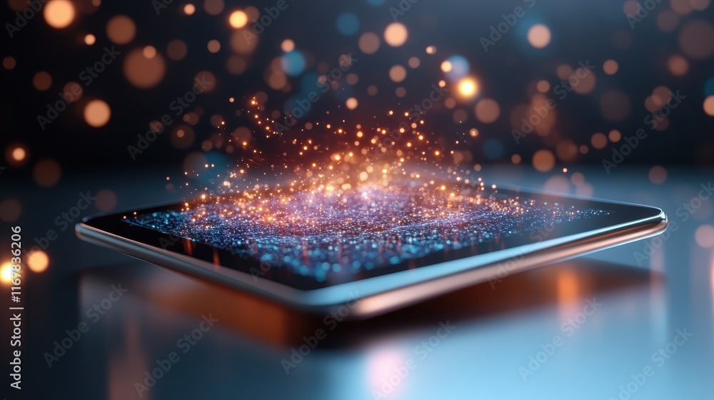 Poster this artistic image showcases a sleek tablet with sparkling elements, representing modern technology
