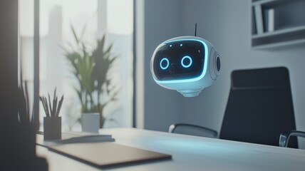 Artificial Intelligence Chatbot Concept. A futuristic robot assistant hovers in a modern office setting.