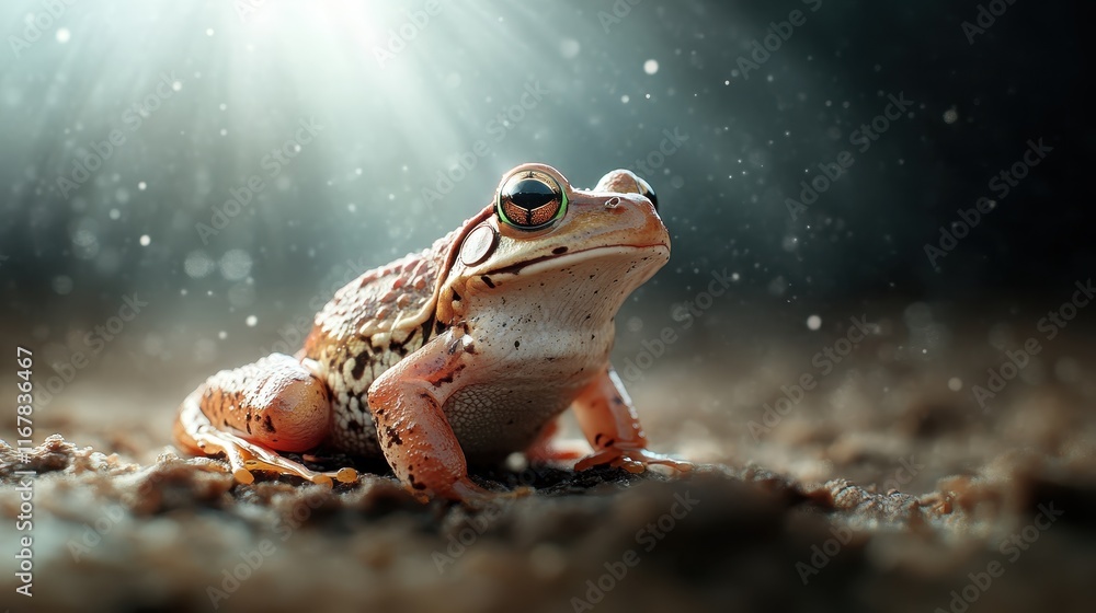 Poster a radiant frog poses majestically under soft, diffused lighting, creating an enchanting visual that 