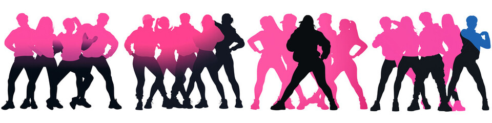 Obraz premium In Row Dance Run in Korea, A vibrant silhouette of dancers in dynamic poses, showcasing movement and energy in bold pink and blue hues.