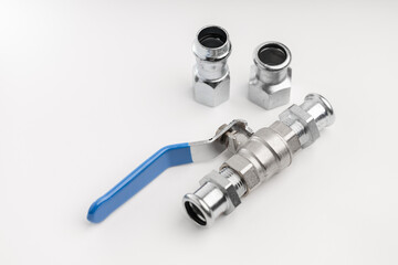 Hydraulic ball valve with blue handle. isolated on a white background. Concept.