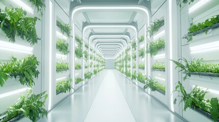 Futuristic Vertical Farming Corridor: Eco-Friendly Innovation in Motion