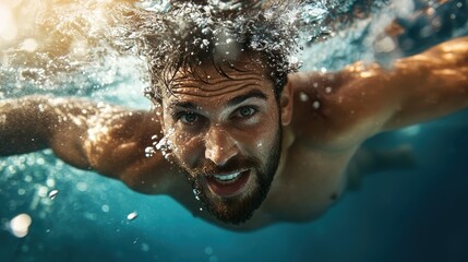 An exciting underwater moment capturing a joyful swimmer smiling while navigating through the blue water, showcasing the uplifting spirit of aquatic activities.