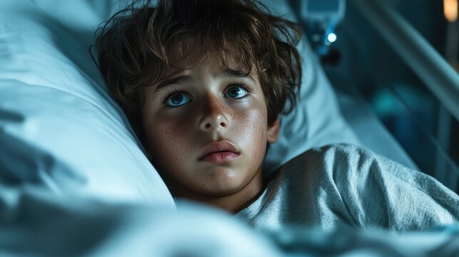 A young boy lies awake in his bed, staring up into the dark night, conveying emotions of wonder and curiosity in a world filled with dreams and possibilities.