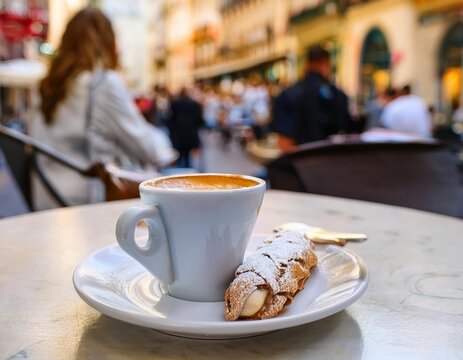 Fototapeta Espresso and cannoli served at outdoor italian cafe
