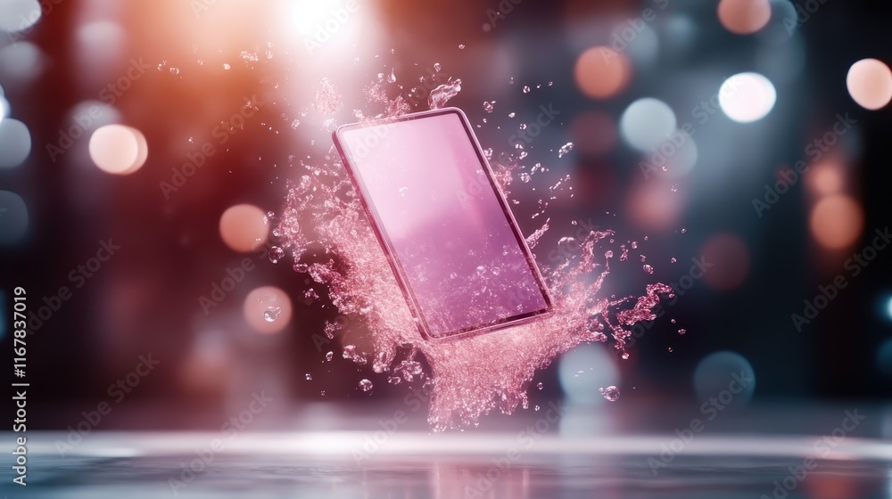 Poster a smartphone splashes through water creating a colorful burst effect, representing the intersection 