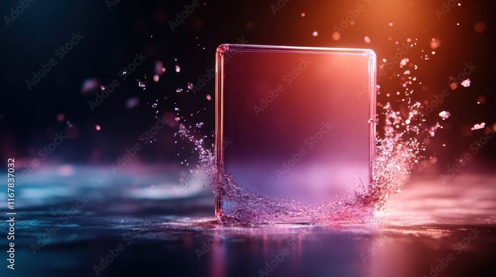Poster an abstract depiction of a smartphone emerging from a vibrant splash of colorful water, symbolizing 