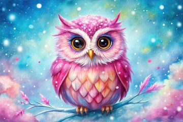 Fototapeta premium Adorable pink owl watercolor winter clipart, perfect for holiday projects.