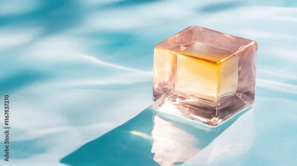 Aufkleber an artistic glass block is showcased on a soft, reflective water surface, creating an eye-catching i