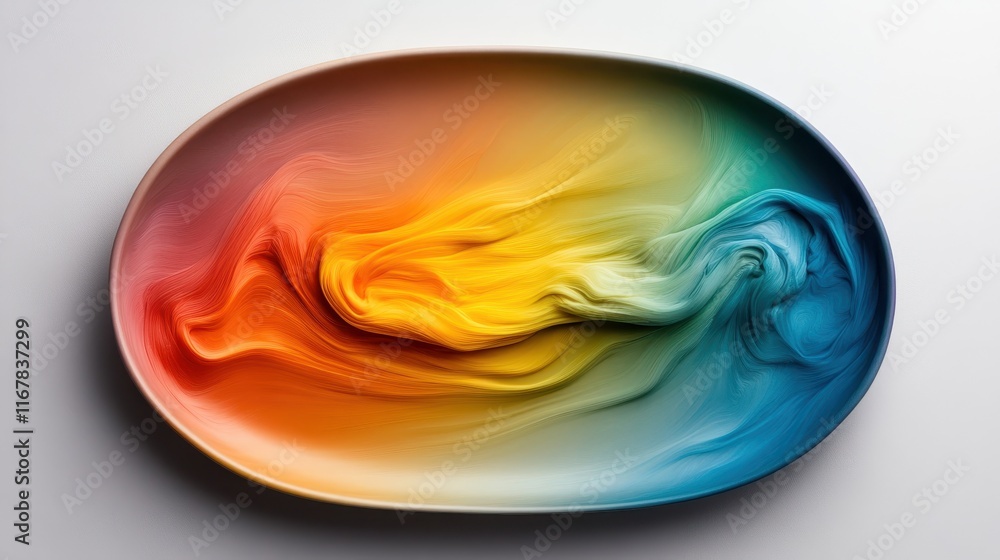 Poster an abstract art piece featuring swirling vibrant colors in a bowl shape, engaging the viewer with it