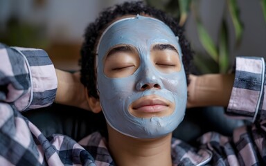 Face mask beauty treatment in salon relaxing. A woman with facemask in spa with pajama.