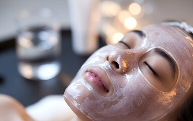 Face mask beauty treatment in salon relaxing. A woman with facemask in spa with pajama.