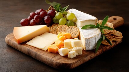 A delightful cheese and crackers platter adorned with fresh grapes and fruits, ideal for casual gatherings or special occasions where tasting and sharing is the focus.