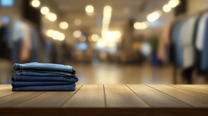 Folded jeans on wooden table in blurred clothing store.