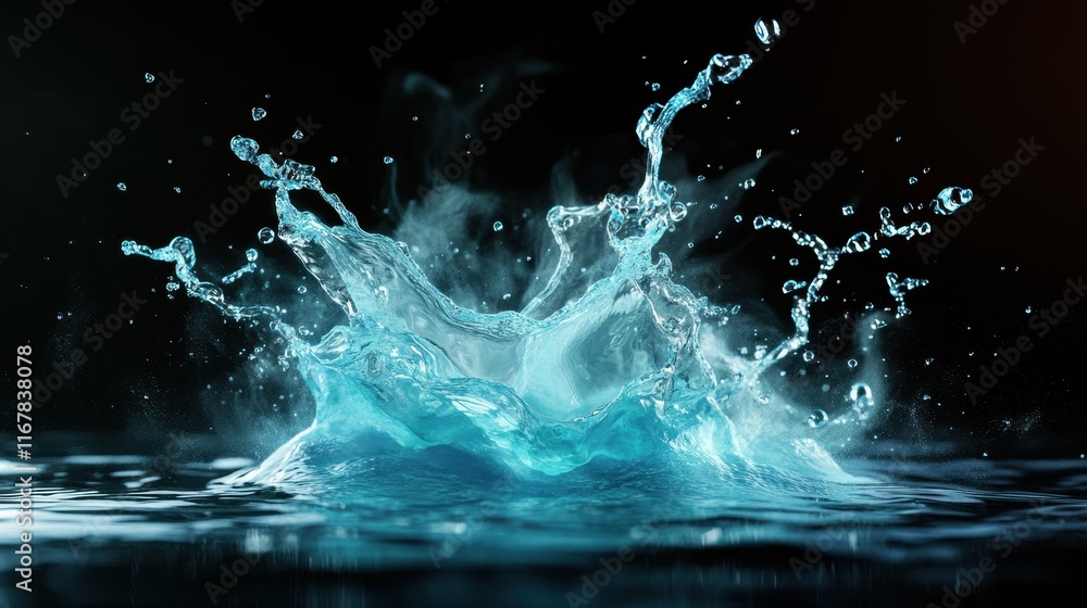 Poster an enchanting portrayal of a water splash illuminated by soft light, creating a mesmerizing effect t
