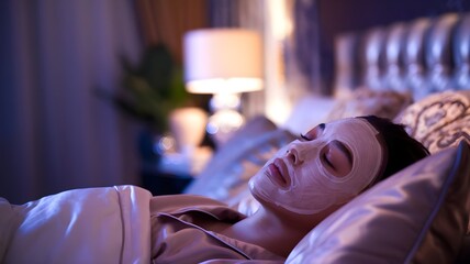 Face mask beauty treatment in salon relaxing. A woman with facemask in spa with pajama.