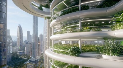 Naklejka premium Urban Vertical Farming: Futuristic High-Rise Interior Design in Cinematic Style