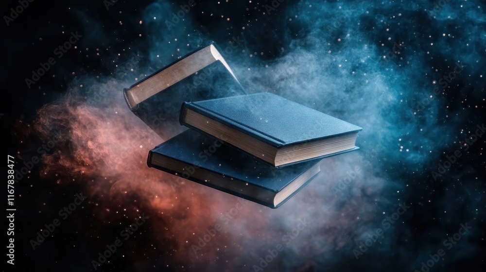 Poster discover the allure of knowledge as three floating books merge with a vibrant cosmic backdrop, symbo