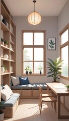 Serene Sunlit Reading Nook: Minimalist Design with Built-in Seating