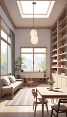 Fototapeta premium Serene Minimalist Living Room: Sunlit Wood and Tranquil Design