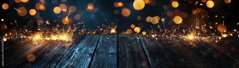 Poster illuminated rustic wooden surface with dark background and bright sparkles creating a cozy atmospher