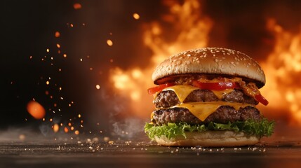 This striking image showcases a towering double-decker hamburger with spicy toppings, creating a fiery visual that highlights the thrill of hearty, bold flavors.
