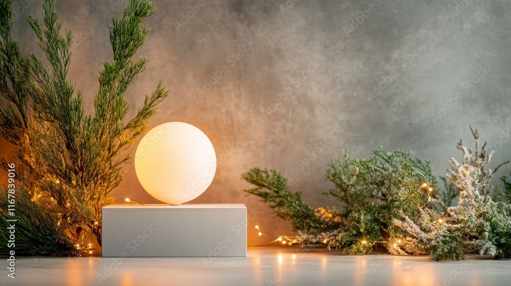 Poster an enchanting scene featuring a glowing sphere resting on a soft gray base, embraced by green foliag