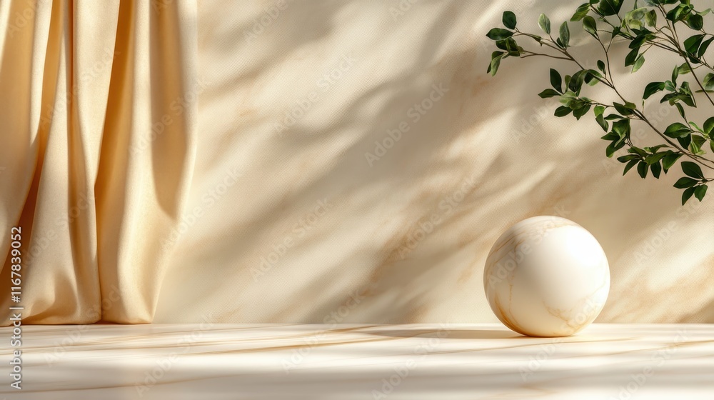 Poster a harmonious composition showcasing a marble sphere gently resting on a soft surface with elegant dr