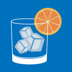Ice Orang, Clear Glass, Cold Ice, Freshy Vibe, Beverage on Blue Background, Summer Drink 