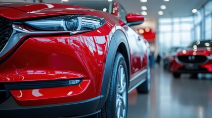 Fototapeta premium Red SUV in showroom, close-up headlight.