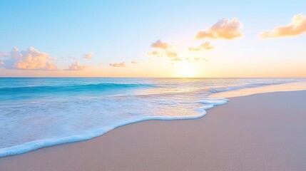 Obraz premium Serene beach at sunrise with gentle waves and soft clouds.