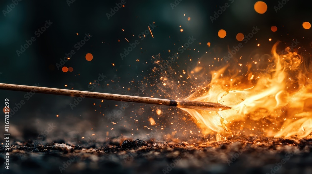 Poster a flaming arrow strikes the ground, sending sparks flying in a display of fire and motion, capturing
