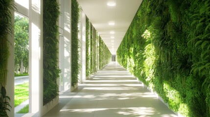 Tranquil Indoor Oasis: Vertical Gardens Enhancing Air Quality in Contemporary Hallway | Cinematic, Ultra-Detailed Image
