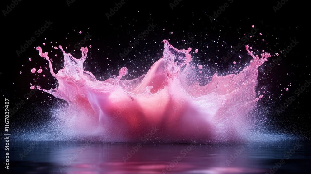 Poster an explosive and dynamic splash of pink liquid contrasts sharply against a black background, creatin