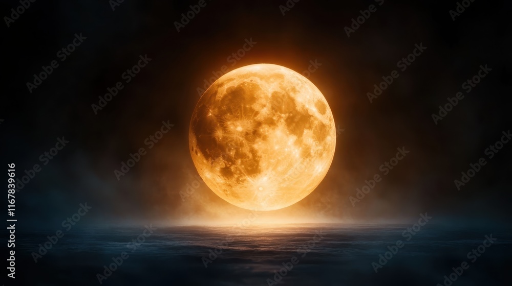 Poster the tranquil ocean is illuminated by a glowing moon, creating a serene atmosphere with gentle waves 