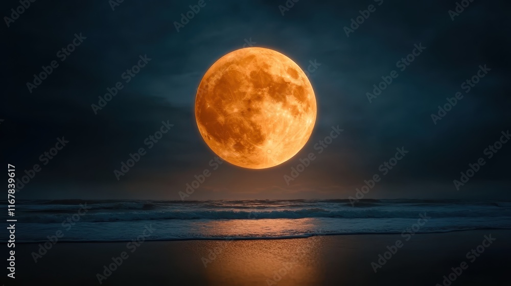 Poster a breathtaking view of a large golden moon rising majestically over a tranquil ocean, creating a cap