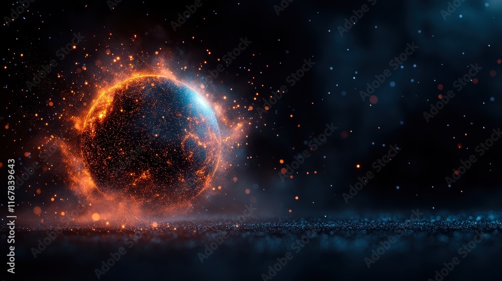 Poster an abstract depiction of a fiery planet surrounded by glimmering sparks, symbolizing the power of cr